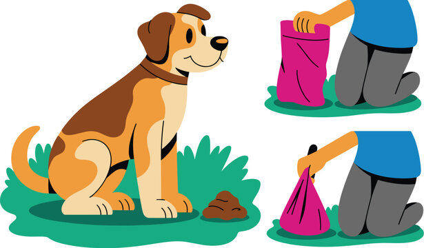 Responsible dog ownership illustration featuring a friendly pet watching its owner kneeling to properly scoop animal feces and dispose of the waste in a pink bag, promoting community hygiene, sanitati