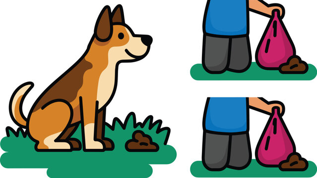 Responsible pet ownership illustration featuring a friendly brown and white dog sitting outdoors while the owner uses a pink waste cleanup bag to properly dispose of pet feces from the green grass. Co