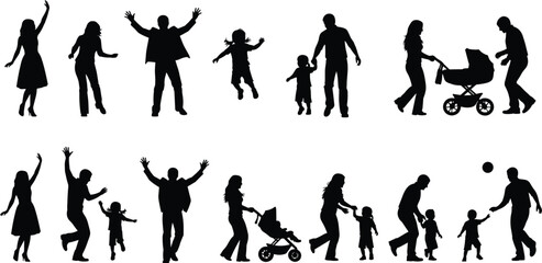 Family silhouette, walking together, playing kids, stroller push, joyful bond, parenting moment, black design, child interaction, togetherness scene, flat vector