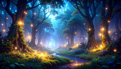 Mystical forest at twilight, glowing with fairy lights and flowing with a small stream