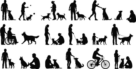 Dog interaction, wheelchair companion, fetch play, walking silhouette, training moment, joyful bond, black design, human pet activity, flat vector