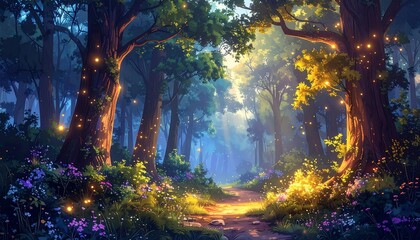 Mystical forest path glows with warm light among tall trees and blooming flowers in fantasy style illustration