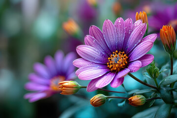 Obraz premium Purple Daisy with Raindrops and Orange Buds