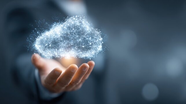 Business man holding glowing digital cloud network - Powered by Adobe