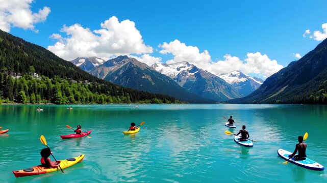 People kayaking and paddleboarding on a vibrant turquoise lake surrounded by majestic mountains