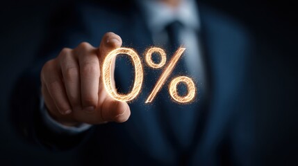 Businessman touching glowing zero percent sign