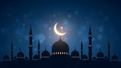 Mosque silhouette under crescent moon and starry sky for islamic holiday