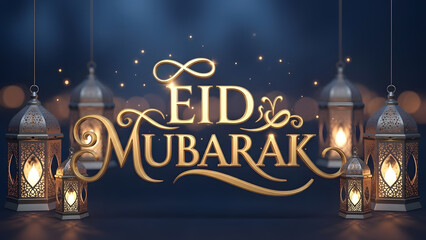 Eid mubarak celebration with golden text and lanterns on a dark blue background