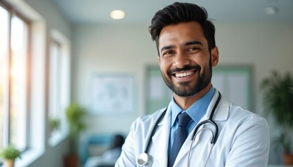 Young Indian doctor smiles, looking confident, standing in bright modern medical office setting with sunlight. Wears white lab coat, blue shirt, dark tie, stethoscope. Friendly professional male
