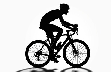 Obraz premium Man rides road bicycle in silhouette style. Pro cyclist on white isolated background wears helmet, races fast. Athlete trains for competition.