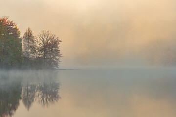 Fototapeta premium Foggy autumn landscape at sunrise of the shoreline of Hall Lake with reflections in calm water, Yankee Springs State Park, Michigan, USA