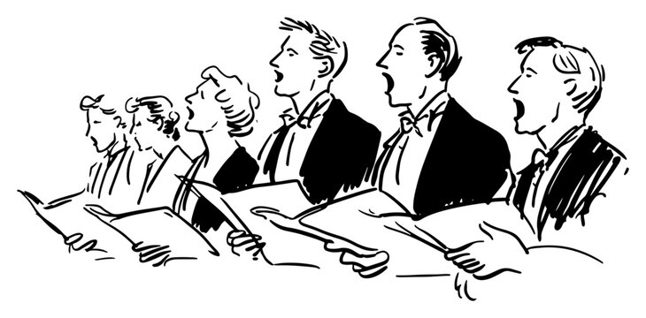 Mixed choir singing from sheet music side view &ndash; elegant black line-art vector illustration