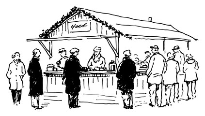 Fototapeta premium Hand drawn vector sketch of people standing in a queue at a street market food stall