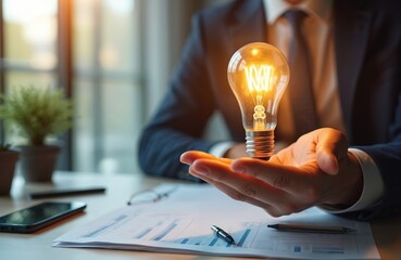 Businessman holds bright lightbulb. Concept of new ideas for business finance success. Innovation creativity inspiration power and energy. Man in suit with glowing lamp over financial documents.