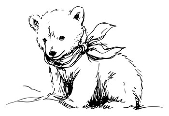 Hand drawn vector sketch of a cute baby bear cub sitting and wearing a scarf © Kaz