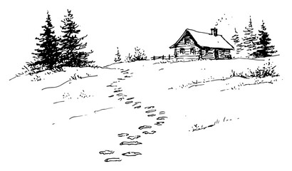 Hand drawn vector sketch of a winter landscape with footprints in the snow leading to a cabin © Kaz