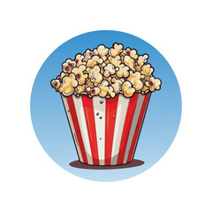 A classic red and white striped bucket filled with buttery popcorn snack for the movies