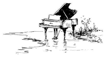Grand piano standing on tranquil lakeshore – artistic black line-art vector illustration © Kaz