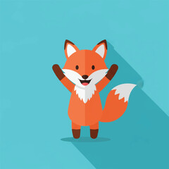 Playful orange fox cartoon character standing with raised paws on teal background.