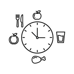 Simple black and white line icon representing intermittent fasting schedule with clock, cutlery, apple, chicken leg, and water glass isolated on