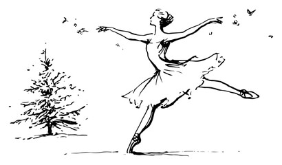 Graceful ballerina dancing outdoors near pine tree – expressive black line-art vector illustration © Kaz