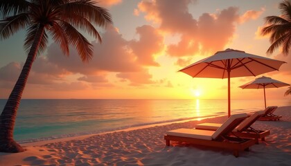 Tropical beach sunset with empty sun loungers, umbrellas on sandy shore. Calm ocean reflects warm golden light from evening sky. Idyllic paradise with palm trees, perfect for romantic vacation,