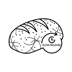 Black and white line art icon of a loaf of bread with a slowrelease symbol indicating sustained nutrient delivery isolated on