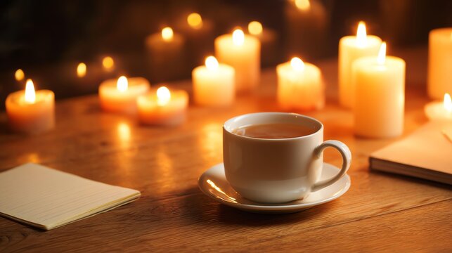 Candlelit Reflection Time A cozy cup of tea beside glowing candles on a wooden table, creating a warm ambiance.