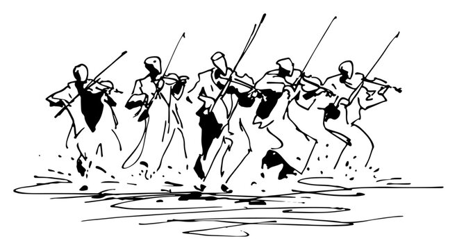 Orchestra of violinists performing in dynamic pose &ndash; expressive hand drawn music ensemble vector illustration