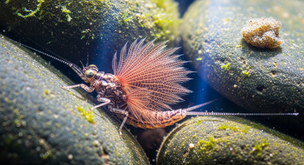 Macro of a Mayfly Subimago Resting on Mossy Underwater River Rocks
An exceptionally detailed underwater macro photograph captures the rare and delicate subimago stage of a Mayfly