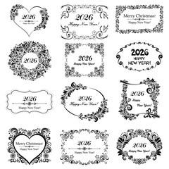 Happy new year 2026! Set of decorative Christmas frames and labels. Celebration background with snowflake, star and place for your text. Vector Illustration