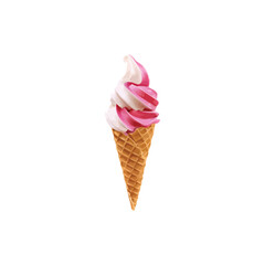 Delightful Swirled Ice Cream Cone with Strawberry and Vanilla Flavors Isolated