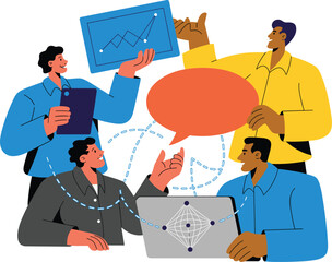 Dynamic flat illustration of a diverse professional business team collaborating in a strategic planning session, analyzing data charts and networking concepts on a modern laptop, discussing market str