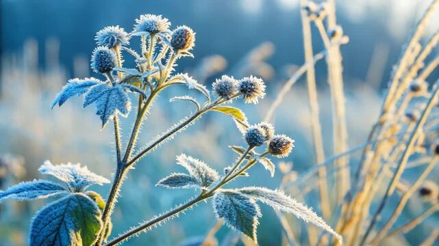 frozen burdock plant in winter morning golden light video