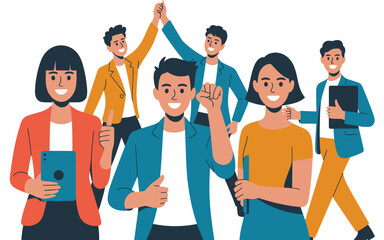 Obraz premium Dynamic diverse business team celebrating teamwork, leadership, and professional achievement, featuring smiling young adult colleagues giving thumbs up and fist bumps in a vibrant flat design illustra