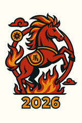 Traditional Chinese Zodiac Red Horse Rearing In Circle Emblem For 2026 New Year Celebration

