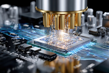 High-tech microprocessor being assembled in a modern electronics laboratory