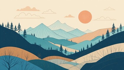 Minimal Pastel Mountain Valley Line Illustration