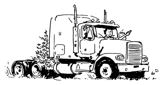 Hand drawn sketch of a large american semi truck with a happy driver inside vector illustration of freight transport and logistics