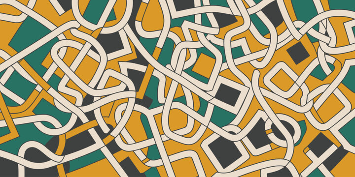 Intricate abstract retro pattern featuring continuous overlapping flowing curvy lines set against bold mustard yellow, teal green, and dark grey fields, forming a dynamic seamless tangle maze backgrou - Powered by Adobe