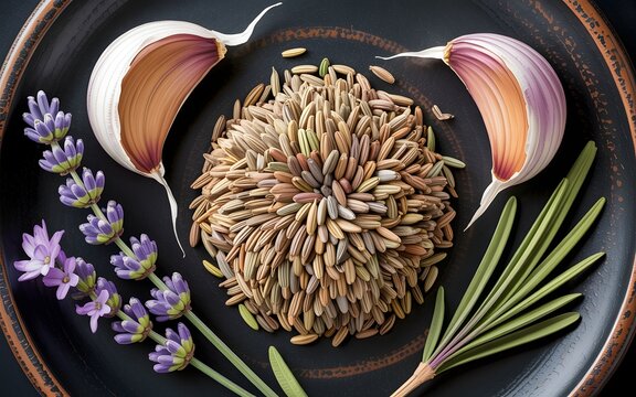 Garlic Lavender Rosemary Seeds on Dark Plate cumin seeds