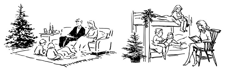 Family relaxing by Christmas tree and mother reading to children in bunk bed hand drawn holiday home interior vector illustration