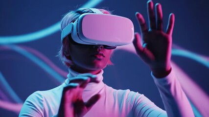 Young person in virtual reality headset interacting with digital interface in a neonlit environment - Powered by Adobe