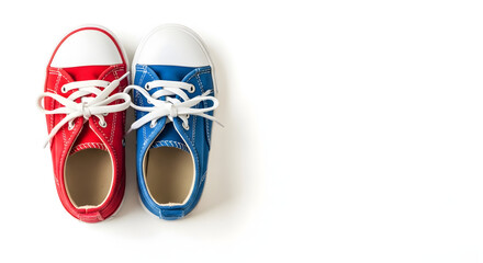 Fototapeta premium Two Colorful Sneakers, Red and Blue, Tied with White Laces, Isolated on a White Background