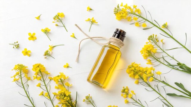 indian mustard flowers and oil in a white background