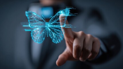 Hand touching digital butterfly in futuristic display