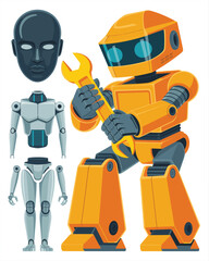 Fototapeta premium Highly detailed cartoon vector illustration of a dedicated orange mechanic robot holding a giant yellow wrench, actively working on advanced future android technology and disassembled grey components,