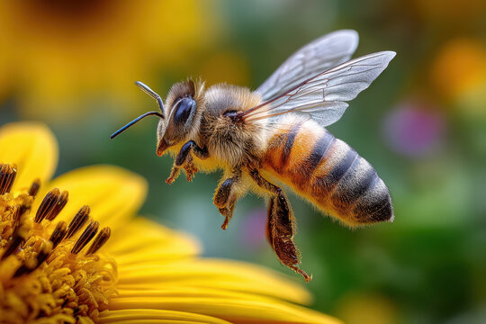 A honeybee in midflight approaches a vibrant yellow sunflower