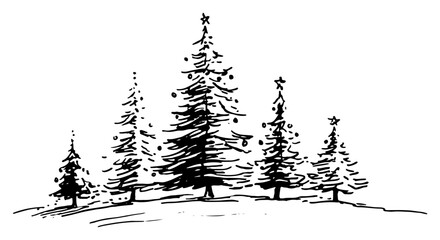 Hand drawn vector sketch of a row of festive pine trees standing in the snow representing a winter forest landscape