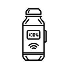 Outline icon of smart water bottle with 100% fill level indicator and wireless network symbol.